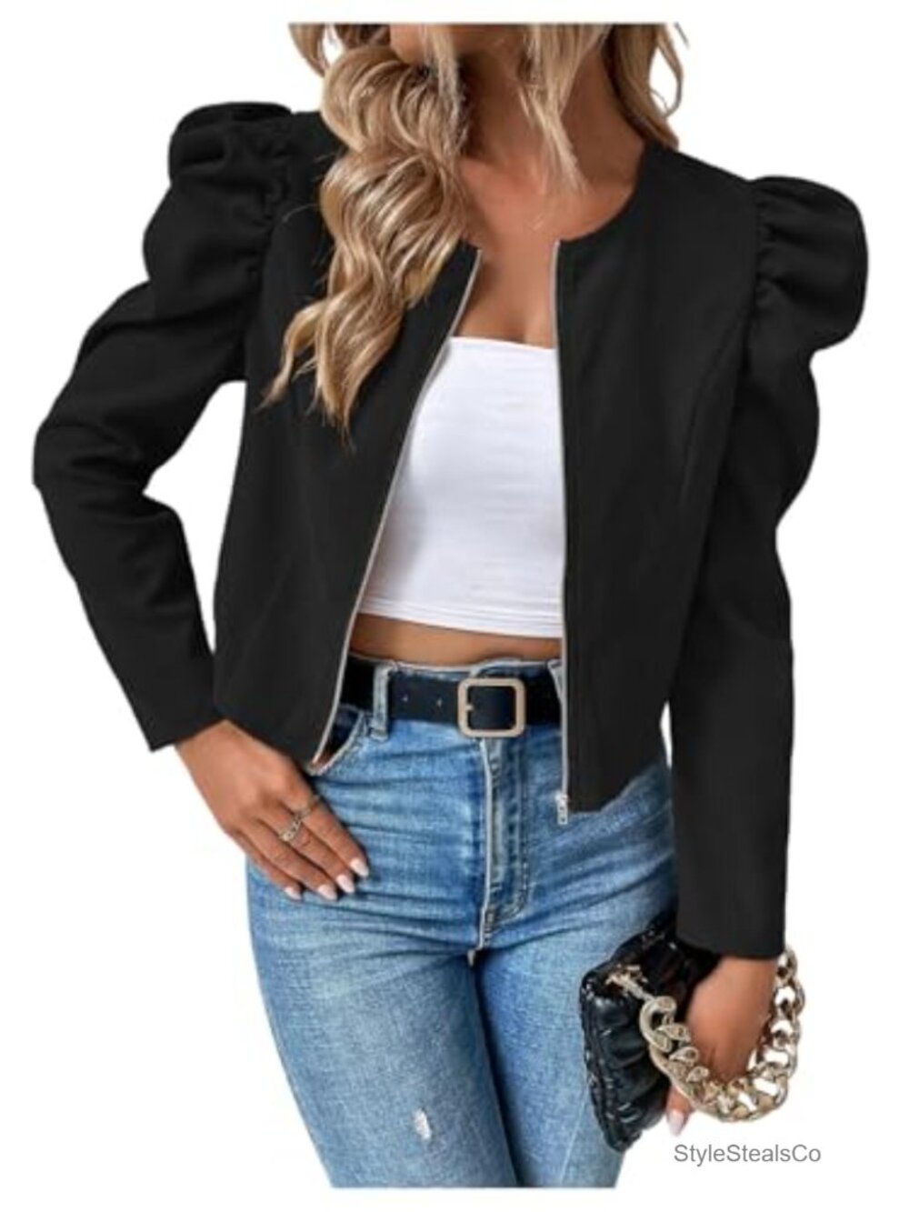Women's Cropped Puff Sleeve Zip Up Casual Jacket 100% Polyester